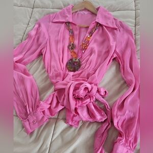 Vintage Satiny Retro Collared Disco Wrap Blouse Made In Italy